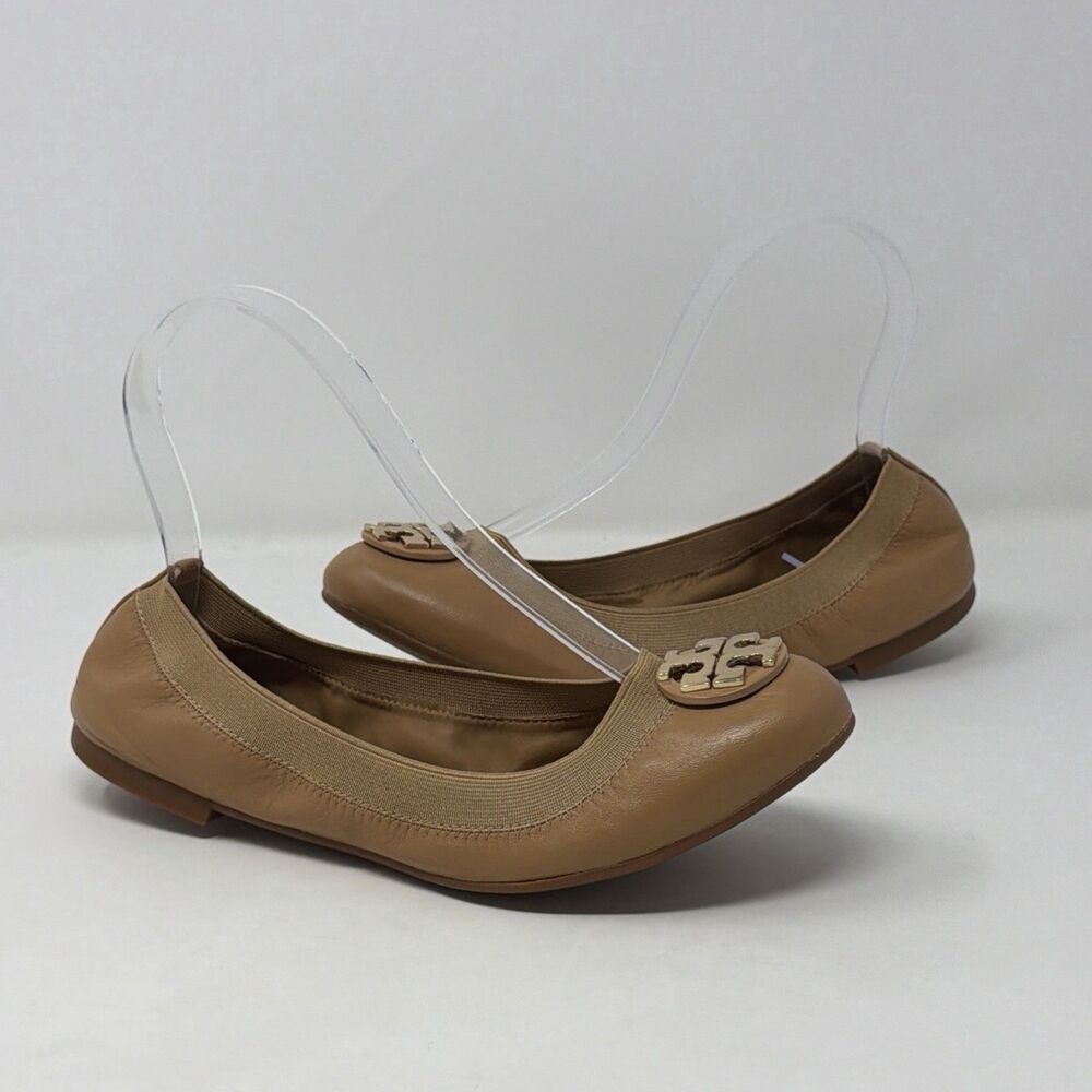 AUTH Tory Burch Claire Elastic Leather Ballet Flats Tan Gold Logo Women’s 6.5
